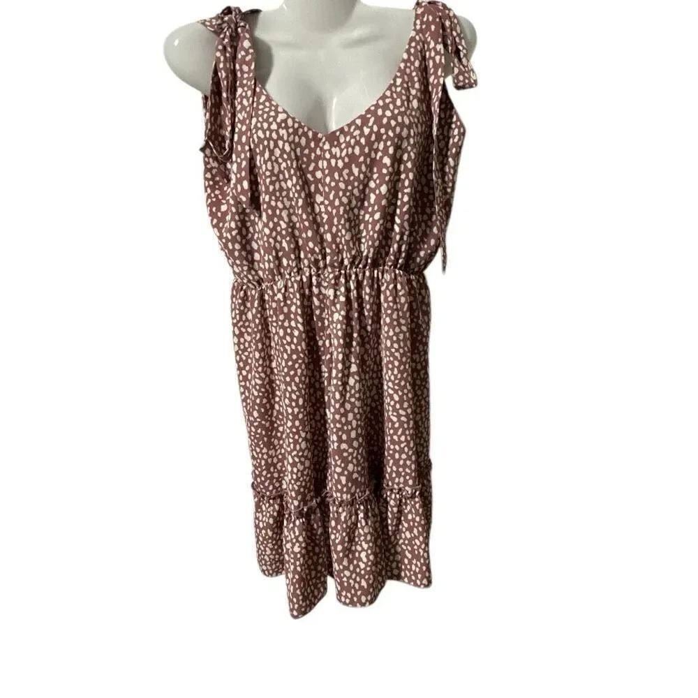 SHEIN Mauve Polka Dot Tie Shoulder Ruffle Hem Dress – Size M
